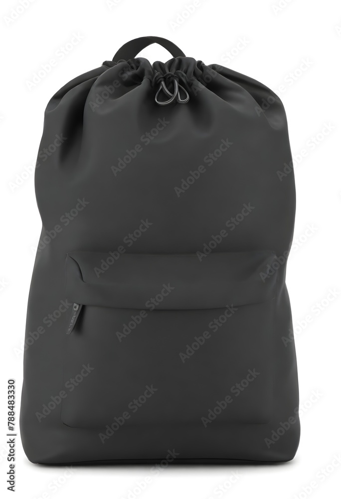 Black backpack with a drawstring closure and a front pocket with a horizontal strap