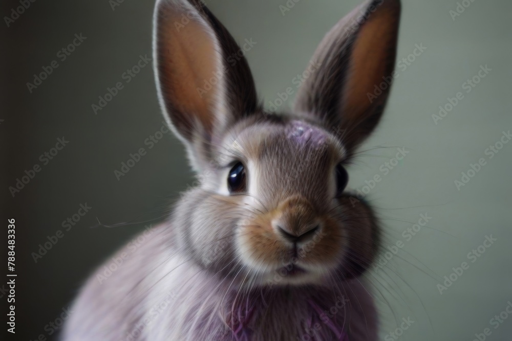 Obraz premium A young fluffy rabbit with soft white and gray fur, isolated on a background, looks curiously, ears raised.