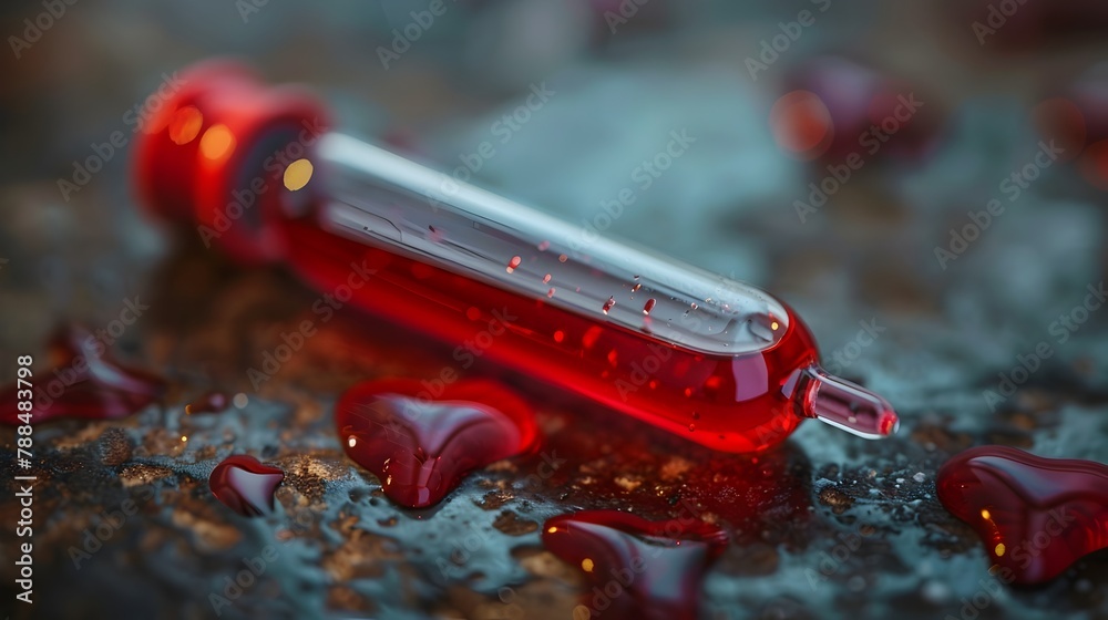 Love's Vital Connection: Heart-Shaped Vial Filled with Blood Representing Life-Saving Medical Research - obrazy, fototapety, plakaty 