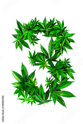 The number 3 composed entirely of marijuana leaves, isolated on a white background. Alphabet. Isolated.