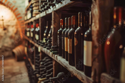 Vintage bottles of expensive quality wine stored in a vintage cellar showcase