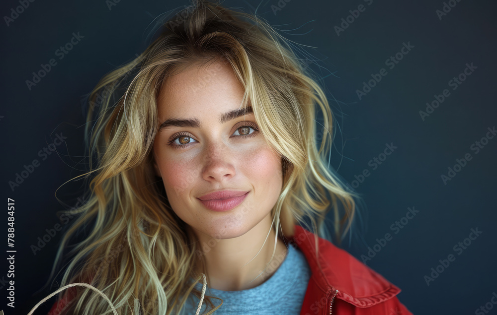 A woman with blonde hair and a red jacket is smiling. She has a red purse in her hand A woman with blonde hair and a red jacket is smiling. She has a red purse in her hand