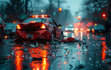 A red car is in a pile of debris on a wet road. The car is surrounded by other cars and a police car.