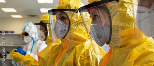 Sanitary team in biohazard suits, protection, intensive clean, safe photo