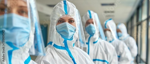 Sanitary team in biohazard suits, protection, intensive clean, safe