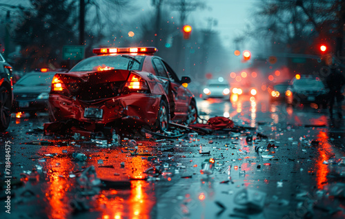 A red car is in a pile of debris on a wet road. The car is surrounded by other cars and a police car.