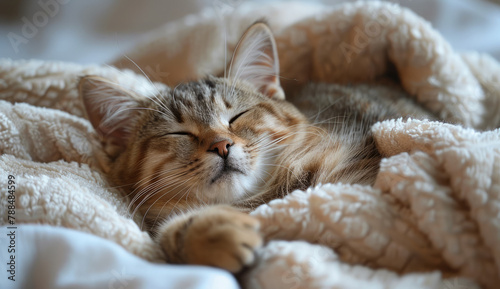 A cat is sleeping on a blanket. The cat is curled up and has its eyes closed. The blanket is white and fluffy