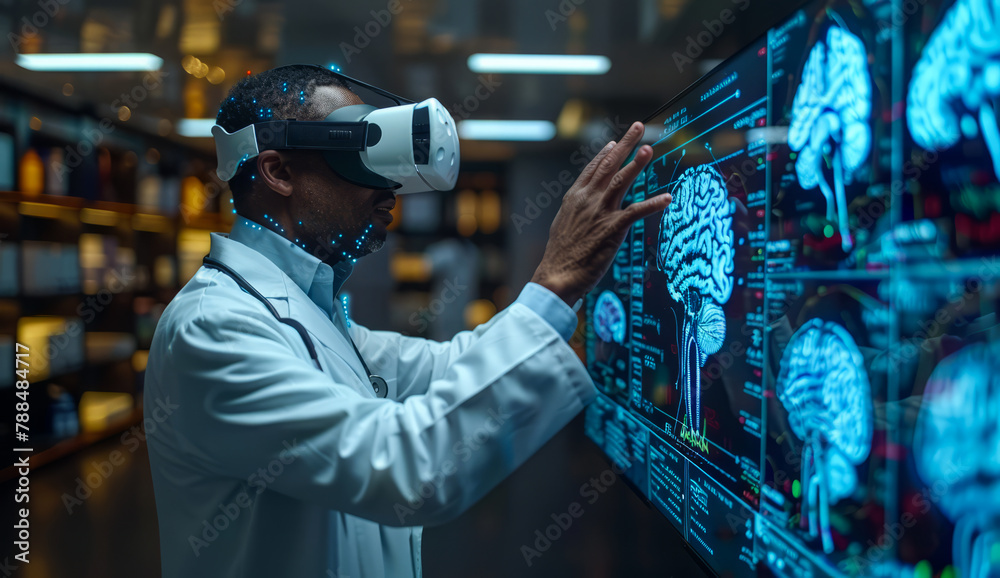 A man wearing a white lab coat is using a virtual reality headset to view a brain scan. A man wearing a white lab coat is using a virtual reality headset to view a brain scan.