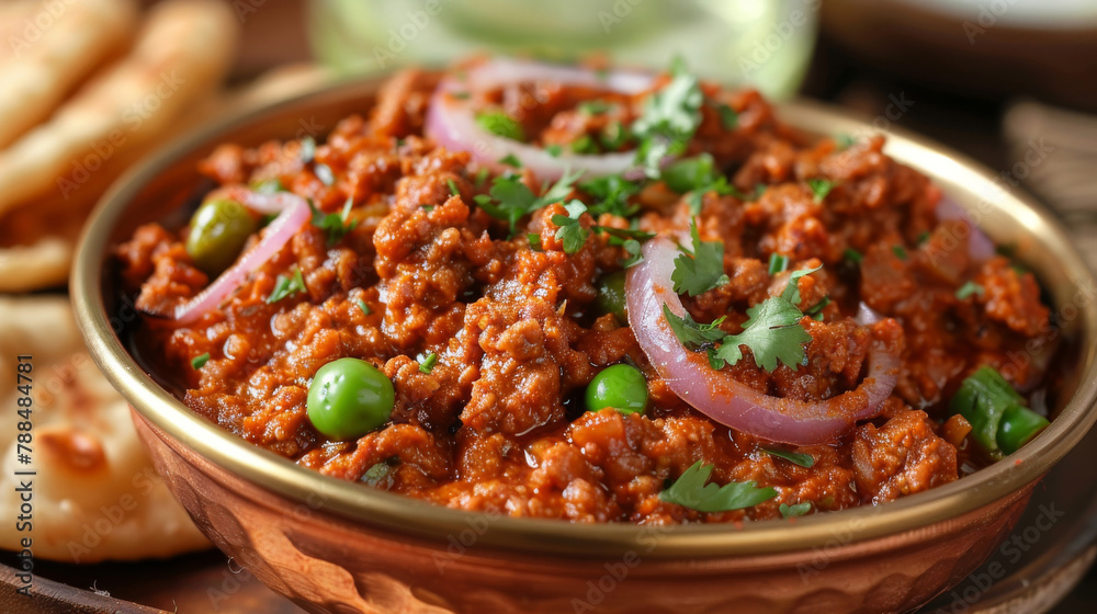 Savory bangladeshi beef curry topped with cilantro and onions, presented in a bowl Savory bangladeshi beef curry topped with cilantro and onions, presented in a bowl