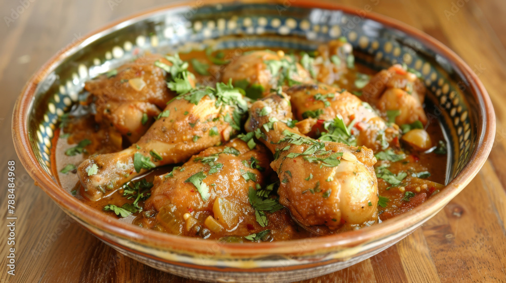 Bowl of authentic bangladeshi chicken curry garnished with fresh cilantro