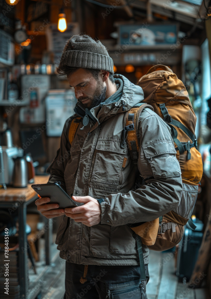 A man wearing a brown jacket and a hat is looking at his phone. He is carrying a backpack and a handbag
