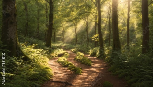 A photo of a sunlit forest path.