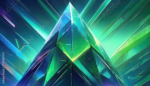 Visualize a futuristic abstract background where a crystalline structure is depicted in neon greens and electric blues