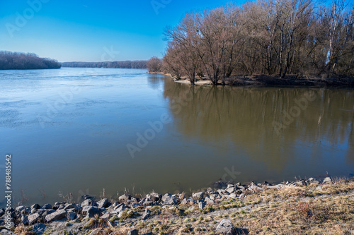 Photography View of confluence of Danube and Morava rivers.