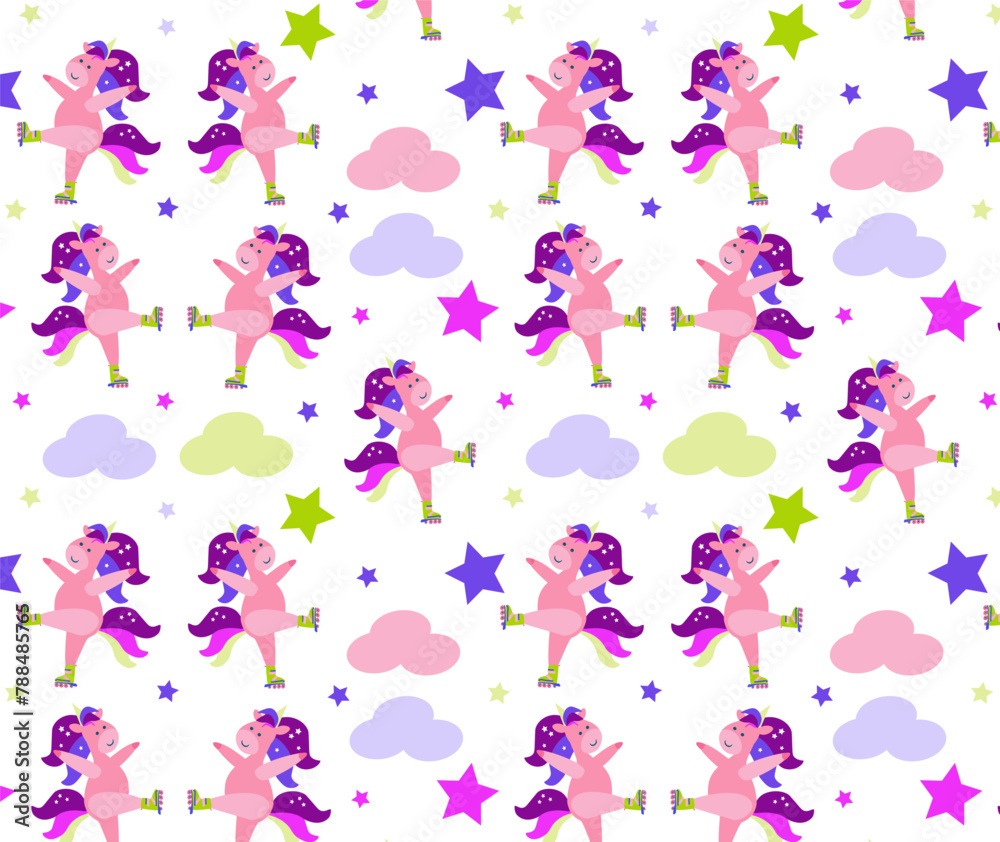  Seamless pattern with cute Cute pink Unicorn in rollers.  Children  print sweet pastel color. Cute baby background.  For packaging, shop, textile, nursery prints. Vector hand drawn flat illustration.