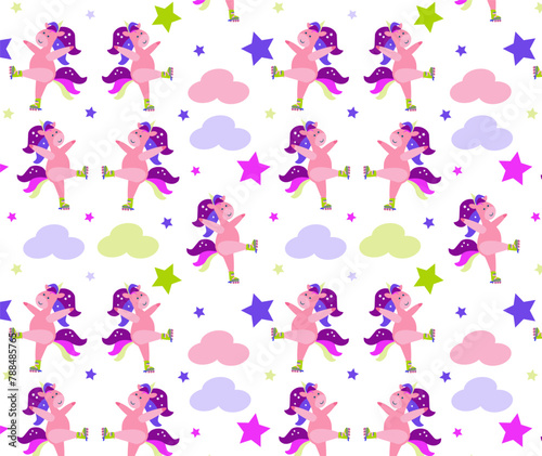  Seamless pattern with cute Cute pink Unicorn in rollers. Children print sweet pastel color. Cute baby background. For packaging, shop, textile, nursery prints. Vector hand drawn flat illustration.