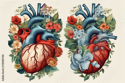 Graphic illustration with anatomic heart and flowers. Poster design healthy in hospital