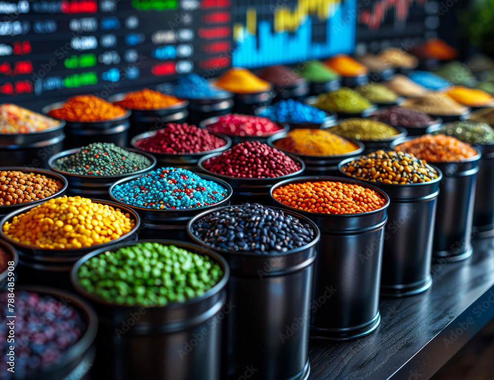 A table full of colorful containers of different colored beans. A table full of colorful containers of different colored beans.