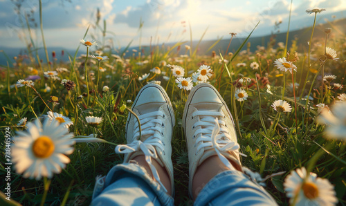 A pair of white sneakers are laying on the grass in a field of flowers. The shoes are positioned in such a way that they are almost fully visible