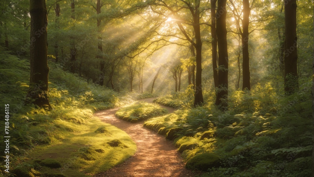 A photo of a sunlit forest path. A photo of a sunlit forest path.