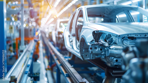 Workers in a modern automotive factory assembling electric vehicles on the production line.