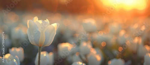 Stunning white tulip blooms in a tulip field, set against a backdrop of blurred tulip flowers in the warm glow of the setting sun. #788486174