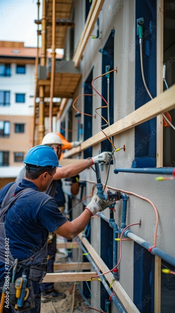 Plumbers fitting pipes in a new apartment complex, essential infrastructure, connected