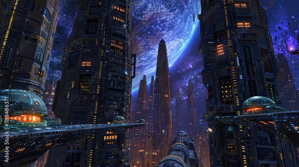 A mesmerizing view of an alien cityscape, with colorful skyscrapers and bustling streets stretching out beneath the glow of distant stars, creating a vibrant metropolis in the heart of the cosmos.