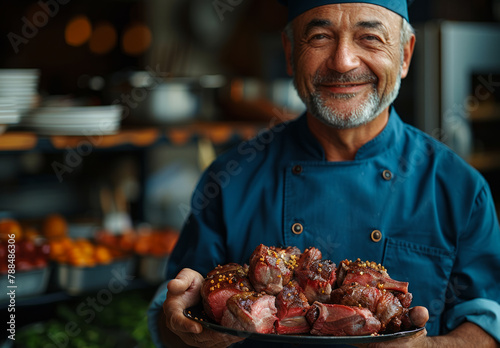 A man in a blue chef's coat is holding a tray of food. He is smiling and he is happy