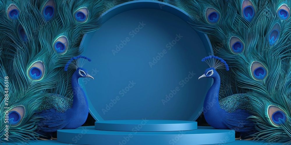 Shiny blue luxury product display podium on gorgeous peacock feathers blue backgrounds, product showcase mock up with copy space, for Diwali Festival Diwali or Deepavali, cosmetic product curation. - obrazy, fototapety, plakaty 