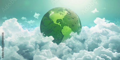 Green globe hiding in clouds, Green world map earth planet on clouds against sky backgrounds, environment protection, earth family protection, Earth Day background with copy space.