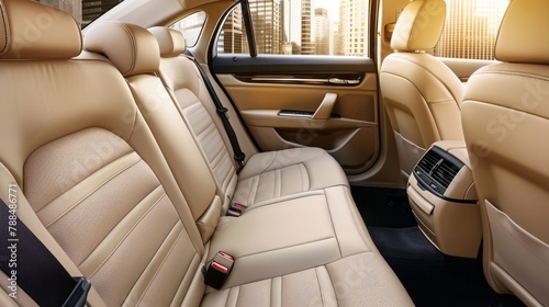 The back seat of a car is shown with a tan leather interior