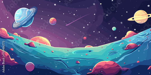 Blank background space vector cartoon illustration, copy space landscape in space with planets