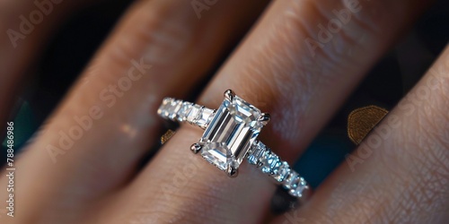 Engagement luxury diamond ring on woman finger closeup, baguette and solitaire diamond ring on woman fingers.