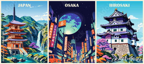 Set of Japan Travel Destination Posters in retro style. Osaka night city, Hirosaki Castle, Nach Fall digital prints. Exotic summer vacation, holidays concept. Vintage vector colorful illustrations. photo