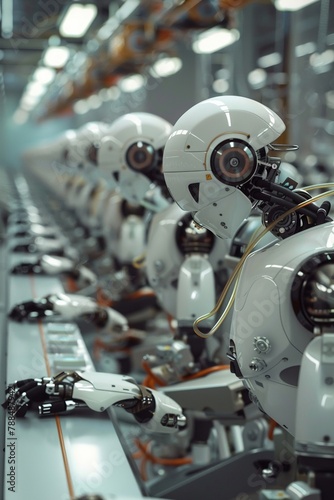 AI robot assembly line, sleek design, cold lighting, wide angle, 