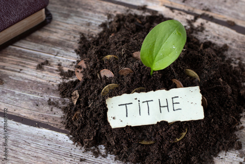 Tithe, handwritten text word on soil with coin money and green leaf plant with closed holy bible book. Top view. Selective focus. Christian donation, tithing, giving, and growth. Biblical concept.