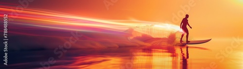 A ghostly presence on a surfboard, its path lit by fluid neon, captured in a digital snapshot of serenity, 