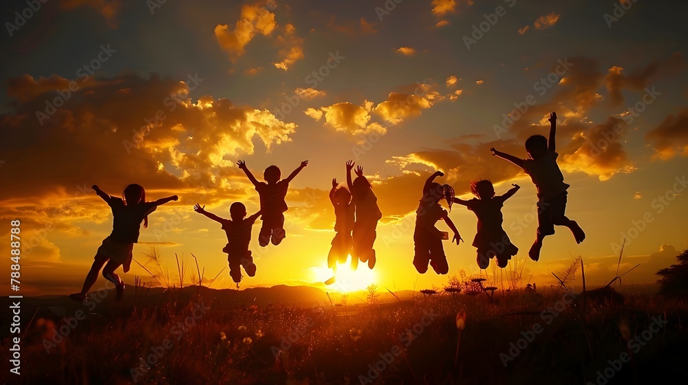 Children Leaping in Joy: A Sunset Ode to Carefree Childhood Moments