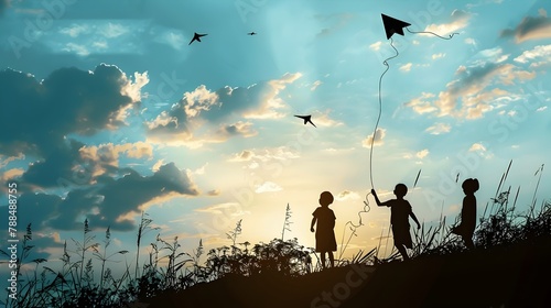 Children's Dreams Take Flight: A Playful Kite Soaring into the Sunset Sky on a Hilltop
