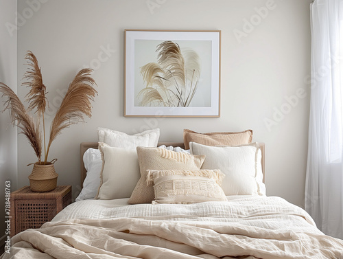 A neutral-toned bedroom with plush bedding and a botanical-themed artwork above the bed.