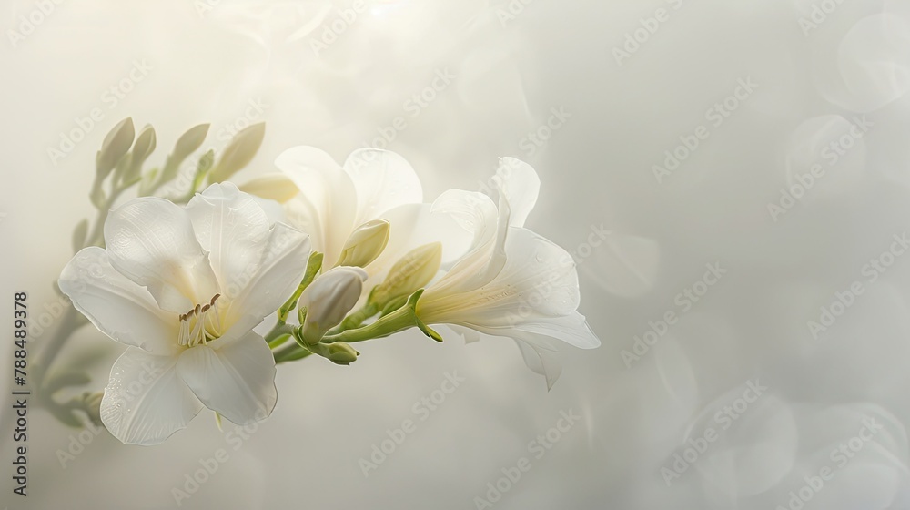 Fototapeta premium A vibrant white freesia blossom shines against a backdrop of misty grey
