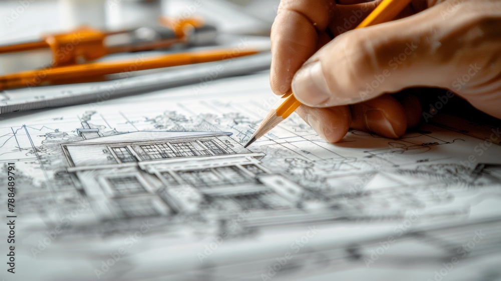 Male Engineer Works with Blueprints Laying on Table, Uses Pencil, Multiple Drawings. Focus on Hands Male Engineer Works with Blueprints Laying on Table, Uses Pencil, Multiple Drawings. Focus on Hands