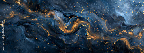 Texture, paint and swirl with galaxy, marble background and creative splash, glitter or star sky graphic for art. Canvas, wallpaper and illustration for design, blue with gold ripple or outer space