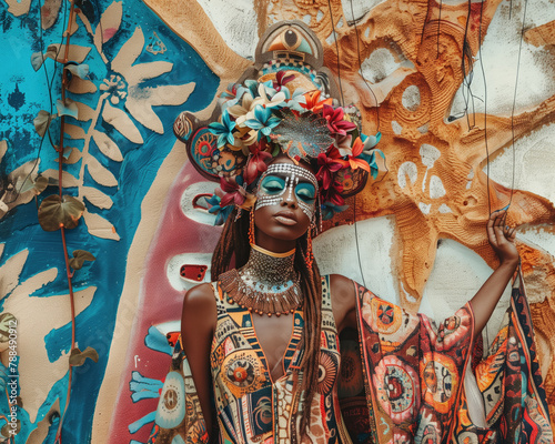 african model dressed in an imaginative summer dress in front of a wall with traditional ornaments photo