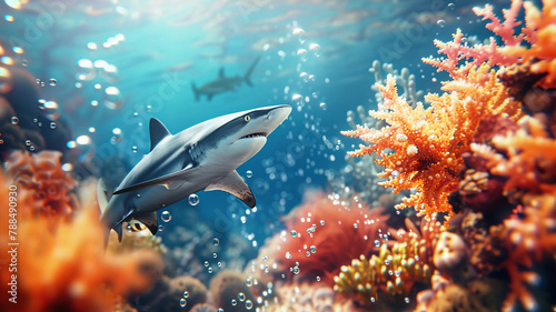 dynamic scene of a shark navigating the underwater realm, surrounded by a vibrant coral reef teeming with life and bubbles ascending to the ocean's surface.
