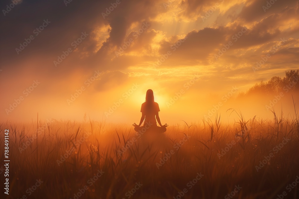 woman meditating in the middle of an open field at sunrise