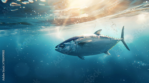 sleek tuna fish swim gracefully in the ocean's depths, illuminated by the ethereal glow of sunlight filtering through the water's surface copy space mockup © Alina Nikitaeva