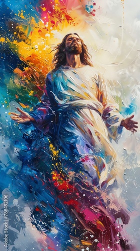 Divine Revelation in a traditional art medium Render a surreal oil painting with vibrant colors Jesus in the sky