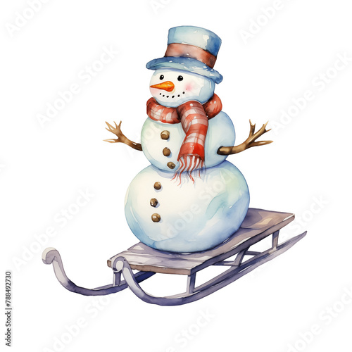 Watercolor jolly snowman on a sled isolated on white background.
